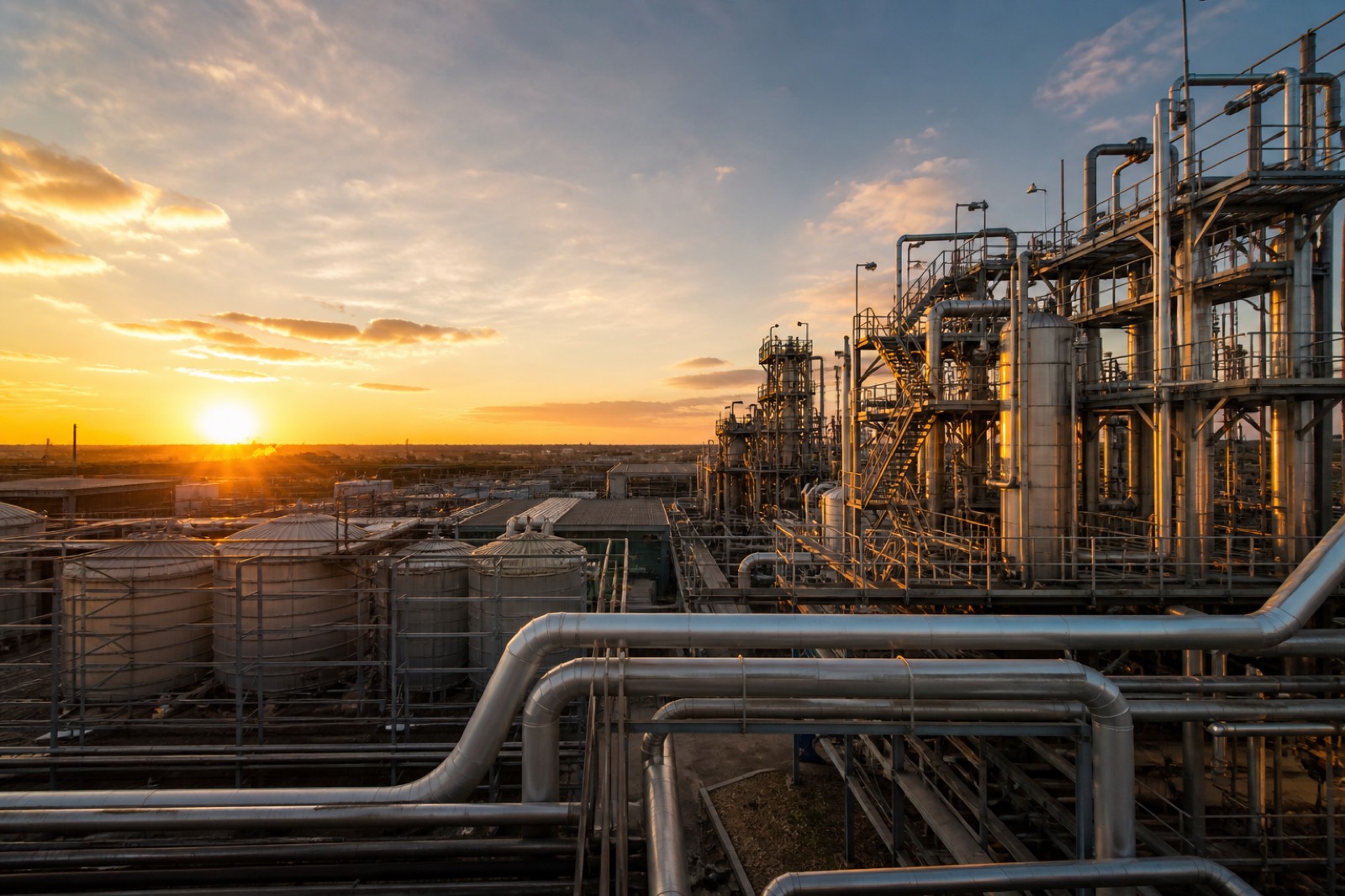 Industrial processing facility with pipes and storage tanks at sunrise