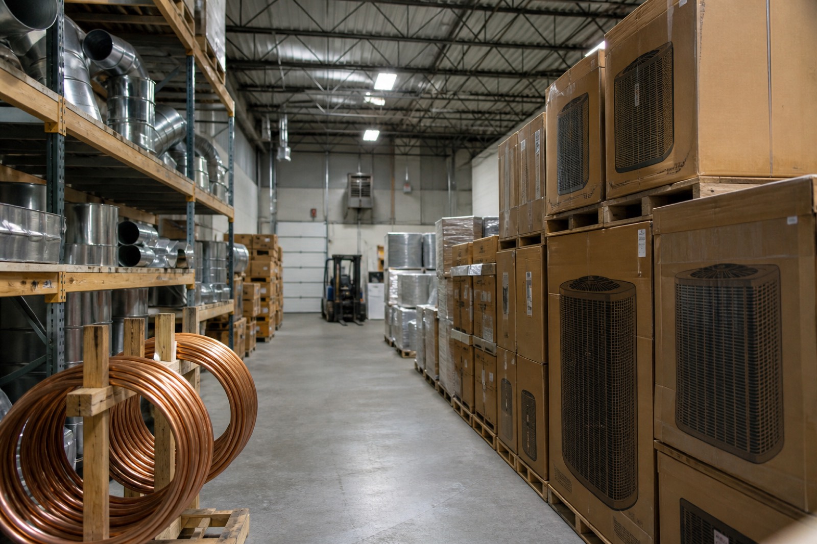 HVAC contractor warehouse with boxed equipment and ductwork