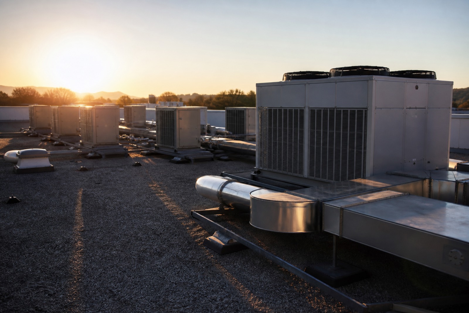 Commercial rooftop with rows of HVAC units at sunrise