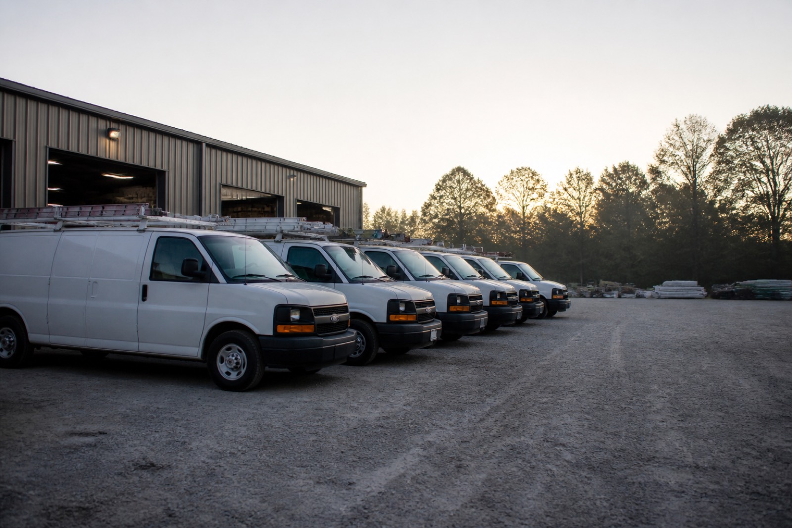 Row of HVAC service vans parked outside a shop building