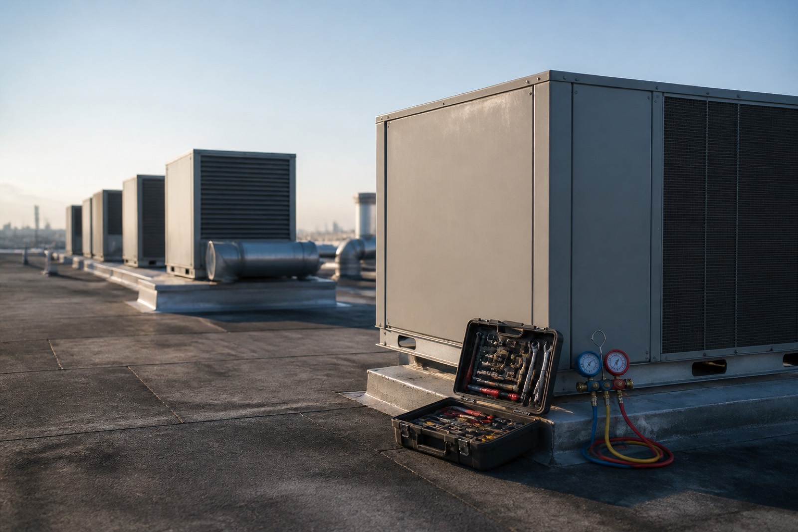 Commercial rooftop HVAC units serviced under recurring maintenance agreements