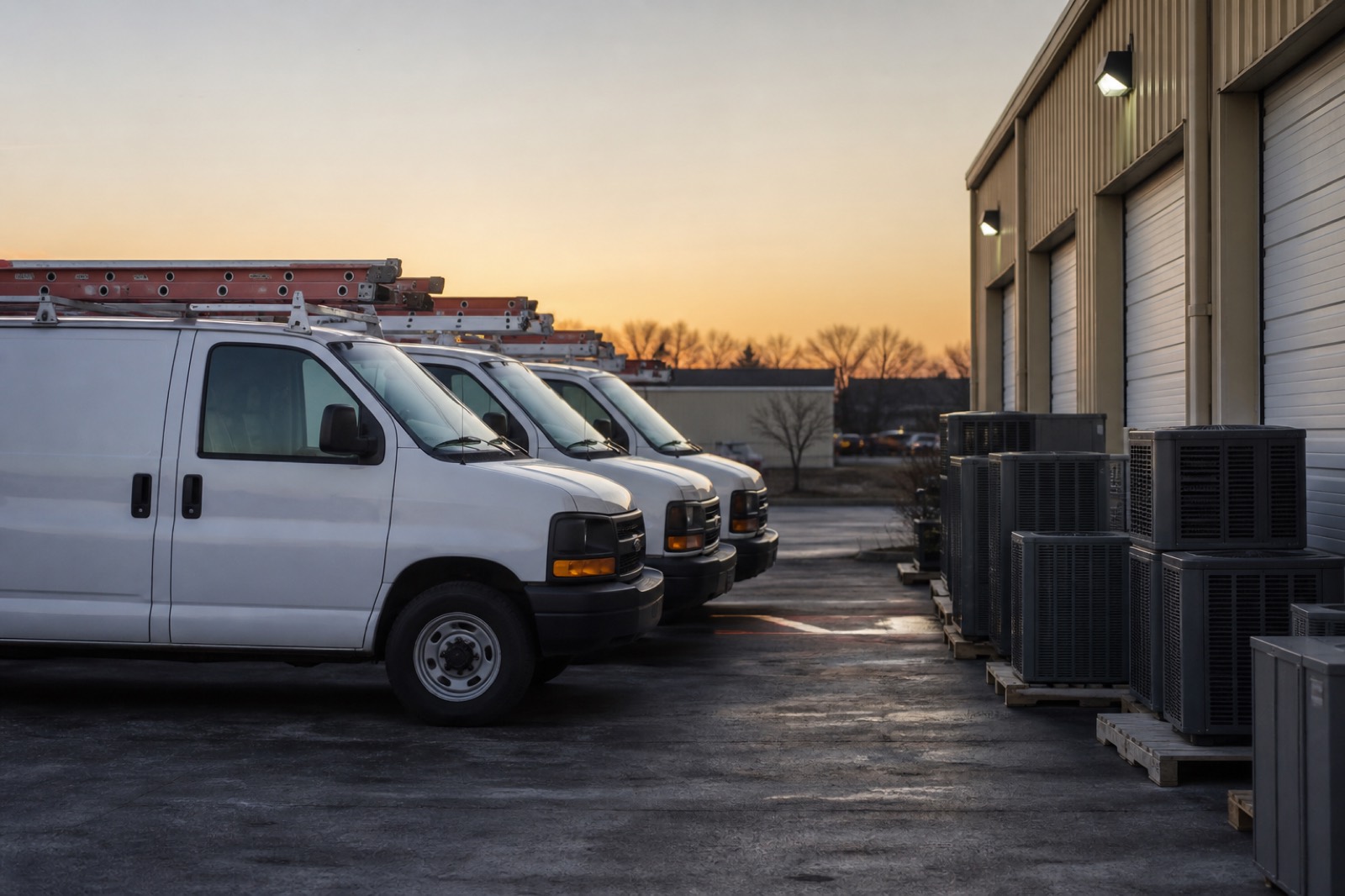 Fleet of HVAC service vans parked at a regional contractor's shop