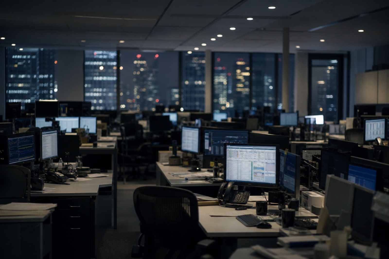 Investment bank office floor at night with rows of desks and monitors
