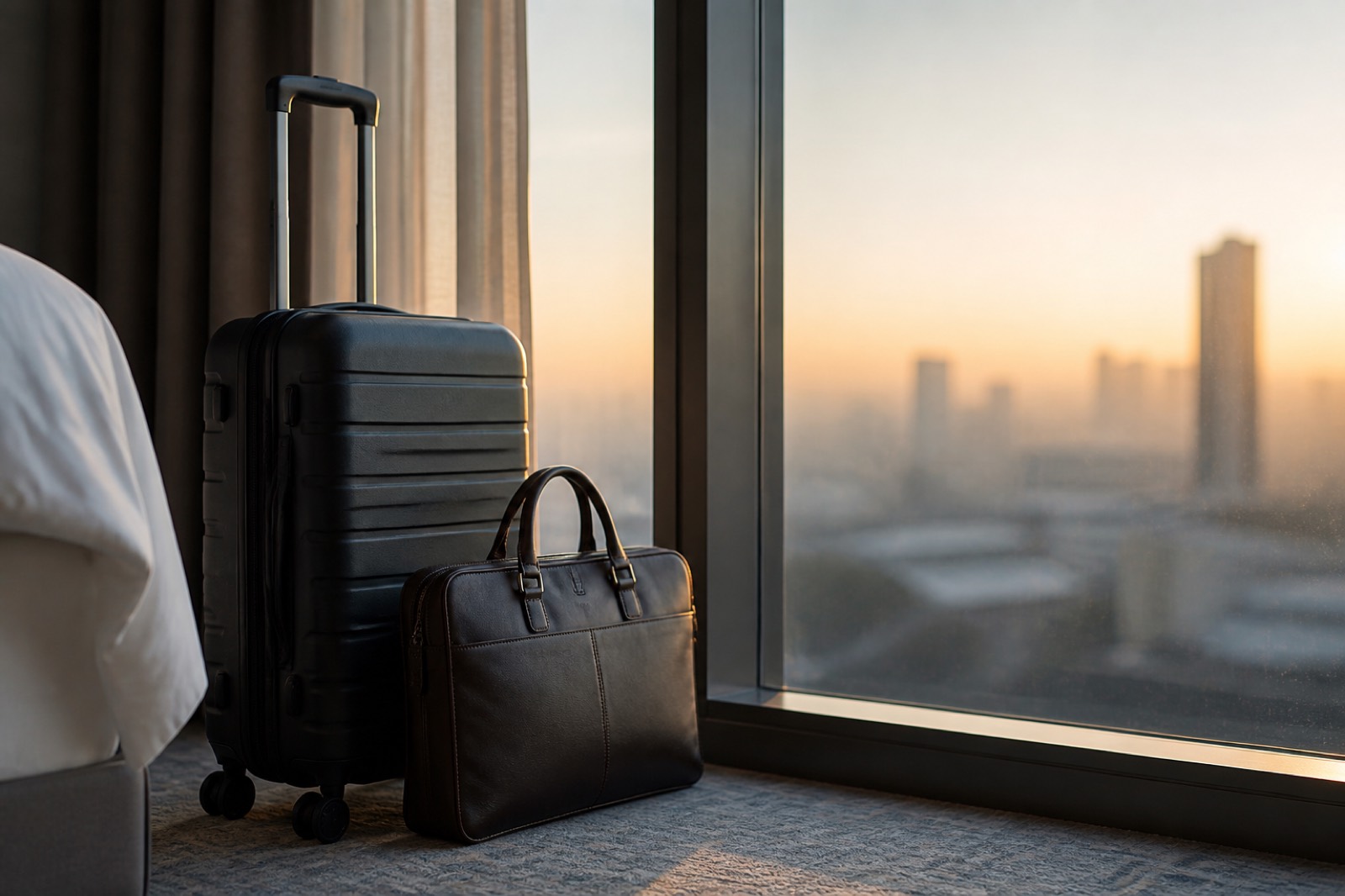 Suitcase and briefcase by a hotel window reflecting finance travel