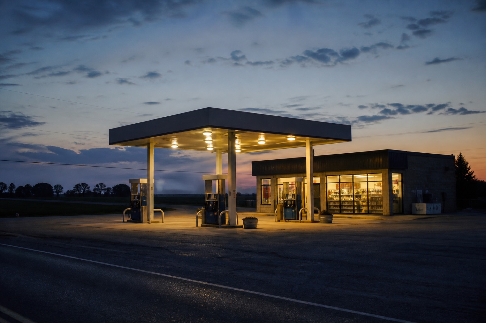Independent gas station at dusk