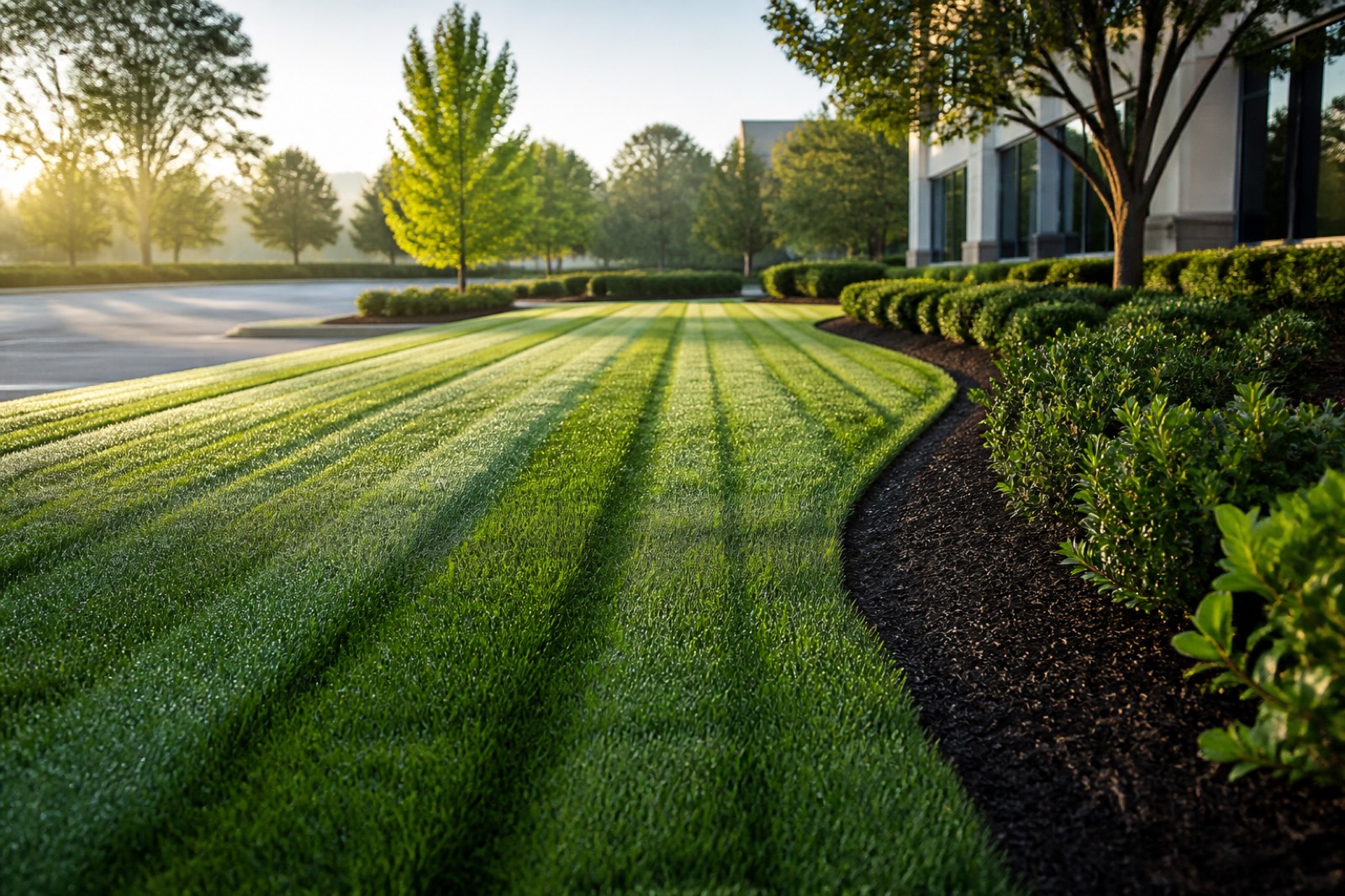 Freshly maintained commercial lawn serviced by a landscaping company