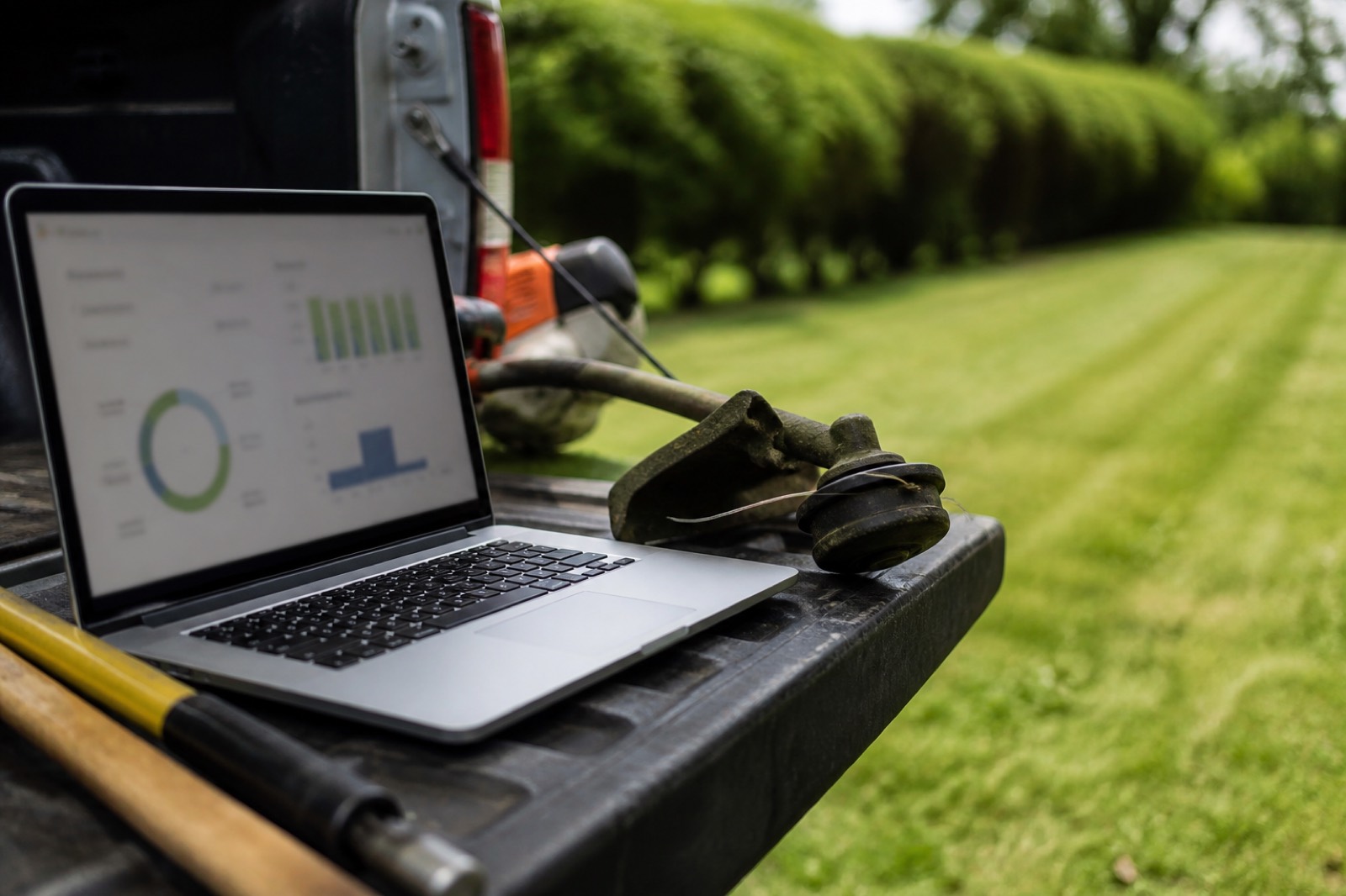 Laptop on a tailgate for a landscaping business valuation calculator