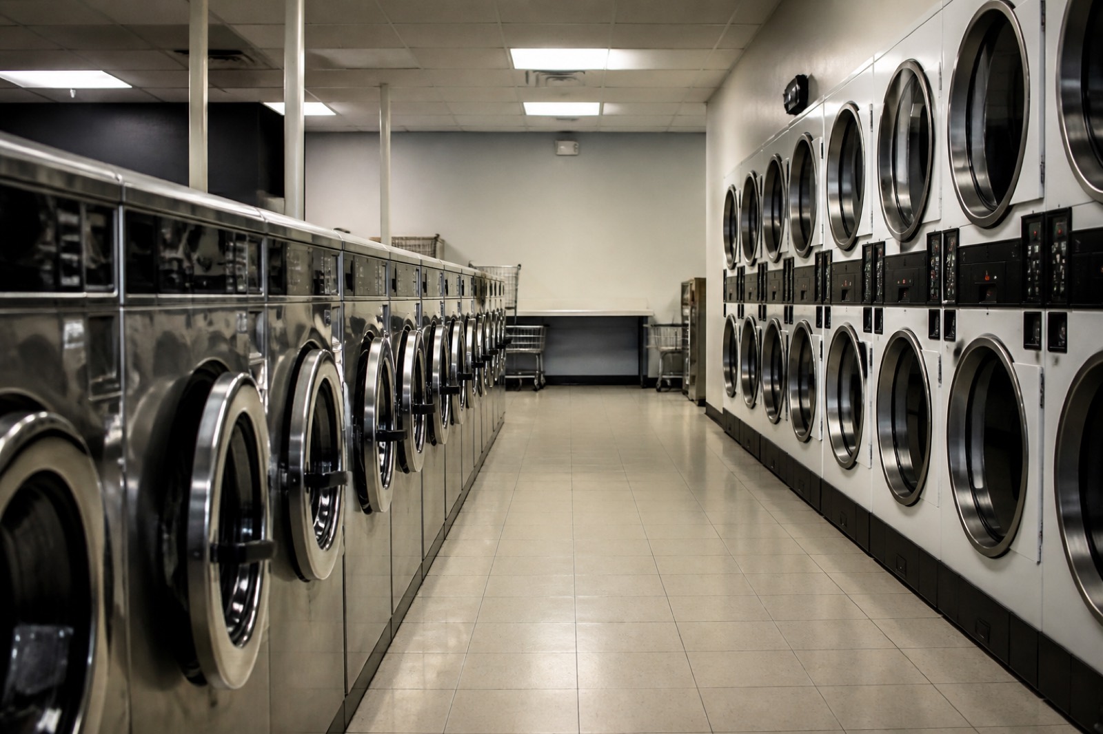 Row of washers and dryers inside a laundromat, the core asset when you buy a laundromat