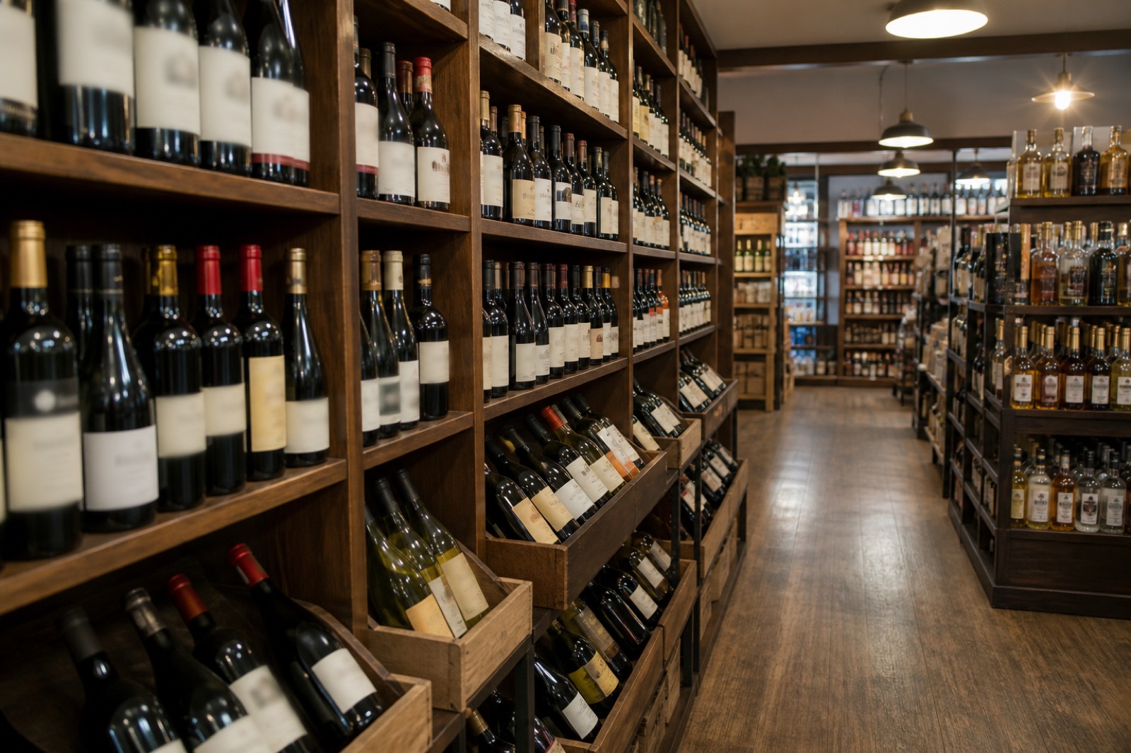Liquor store aisles lined with shelves of wine and spirits