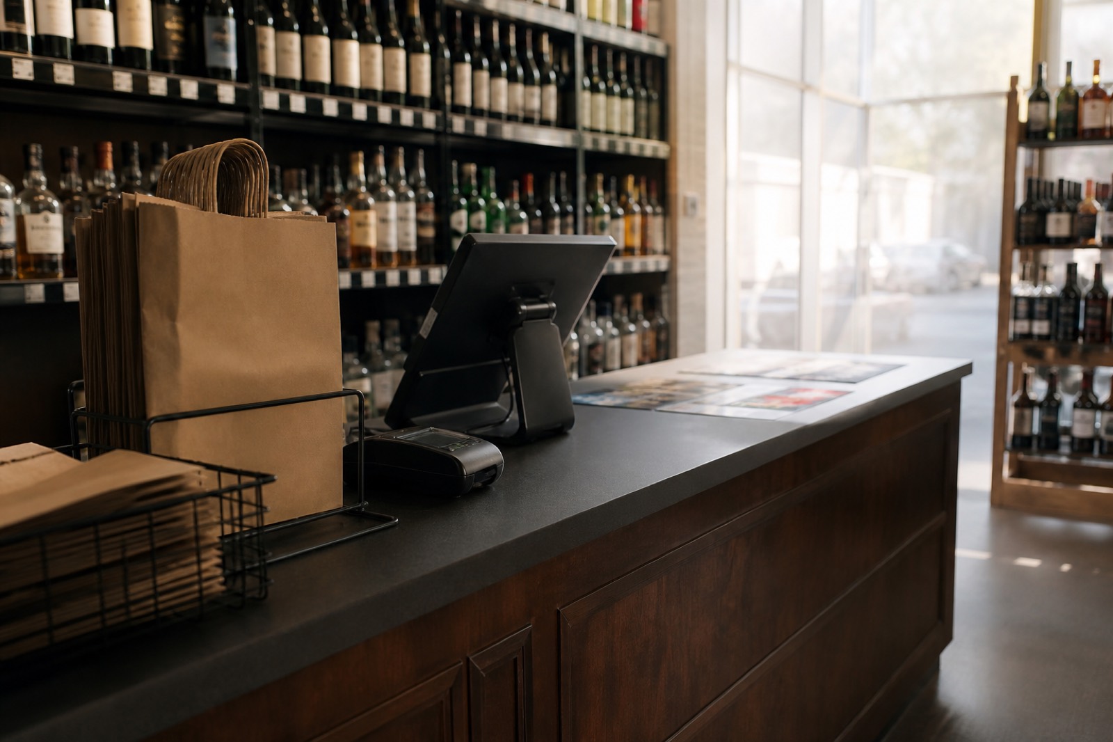 Liquor store checkout counter in early morning before opening
