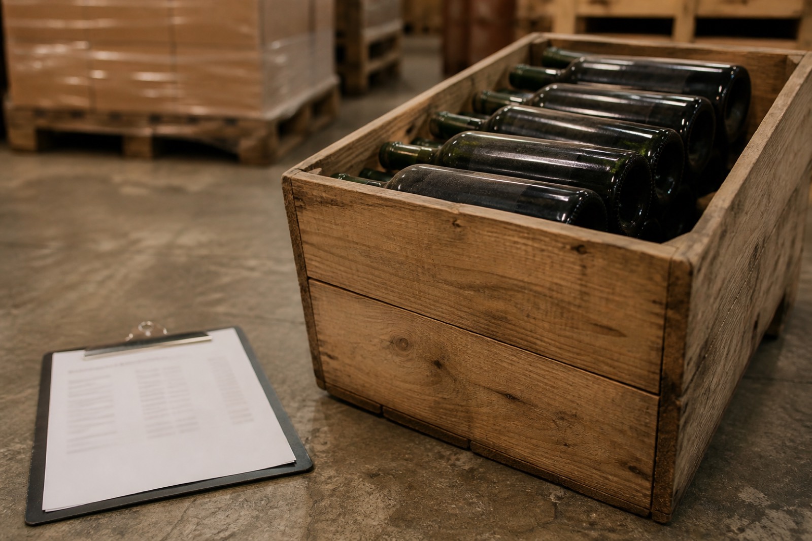Crate of wine bottles and clipboard during a liquor store inventory count