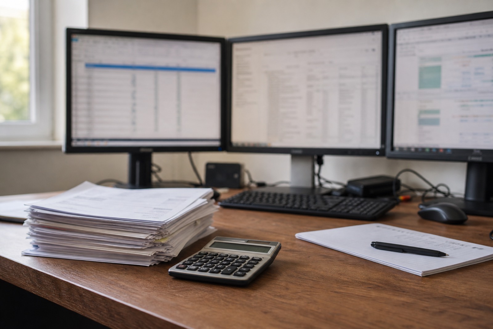 Small private equity team's desk with several software tools open