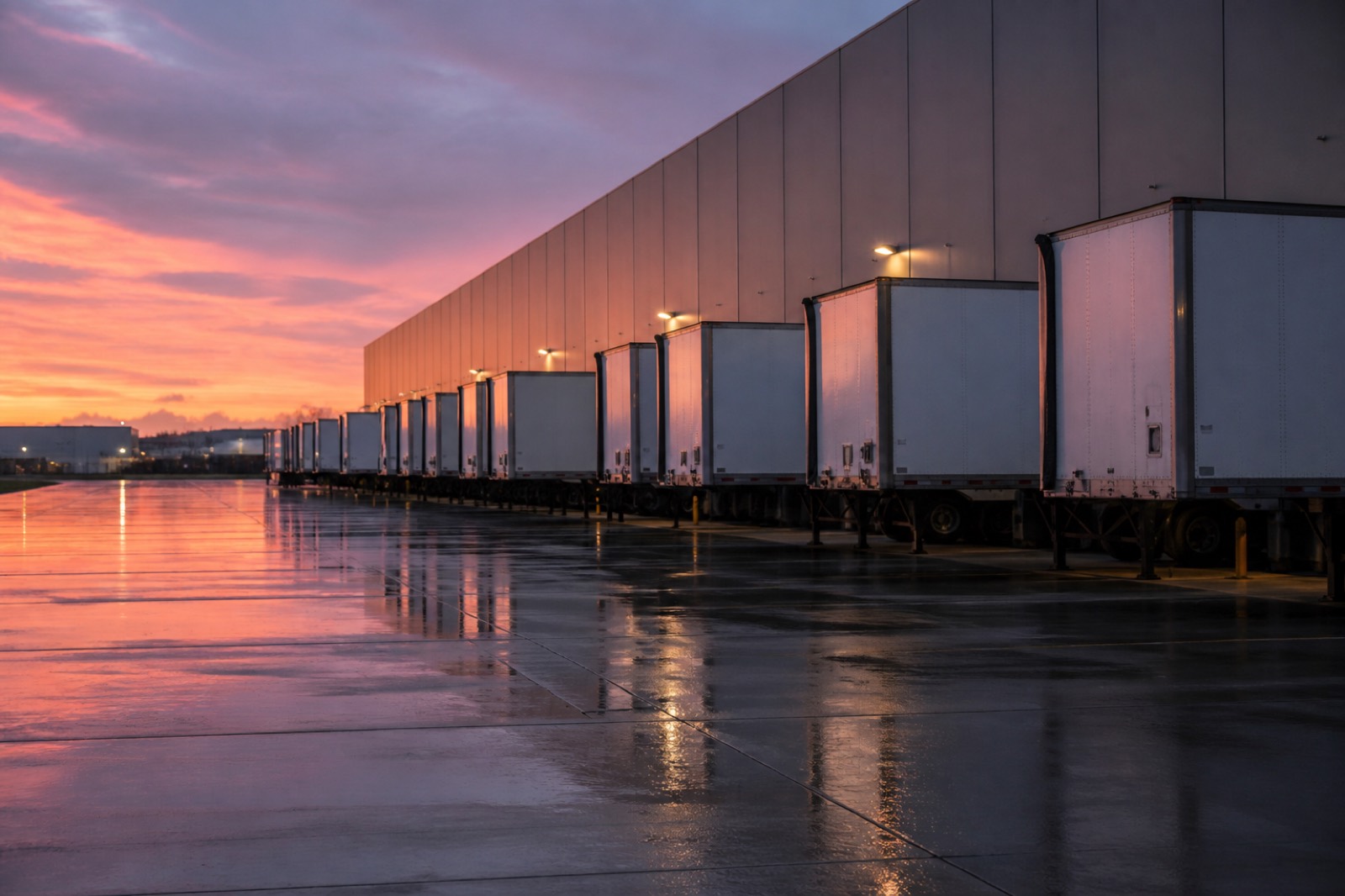 Truck terminal with semi trailers backed into loading docks at dawn