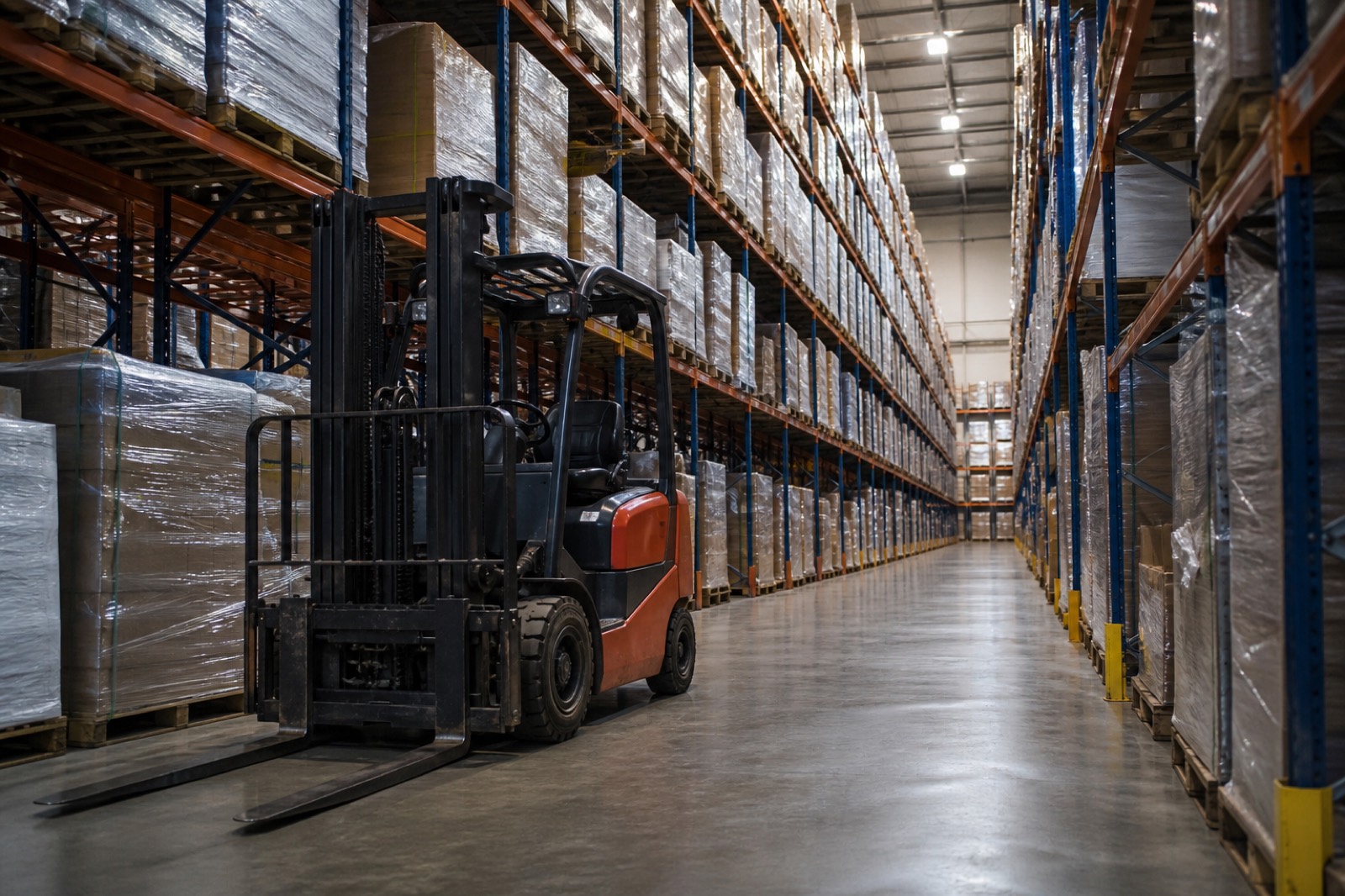 Distribution warehouse aisle with pallet racking and a parked forklift