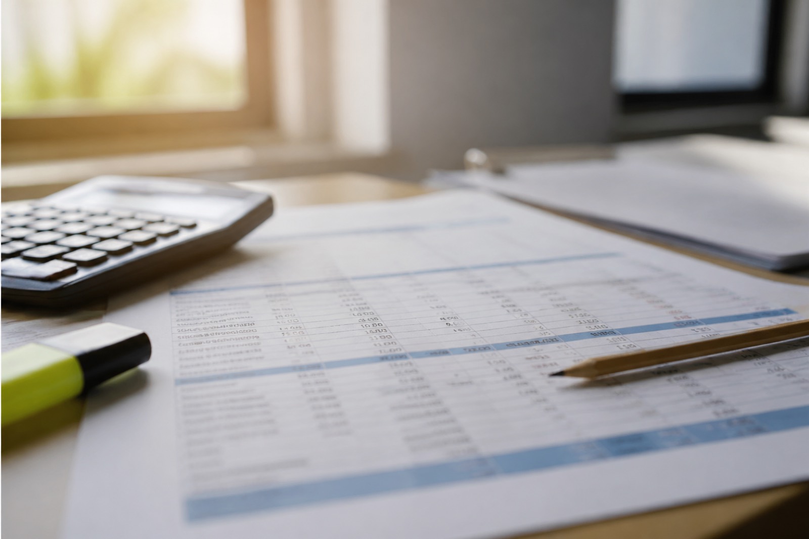 Desk with financial worksheets used to build a pro forma LTM EBITDA figure