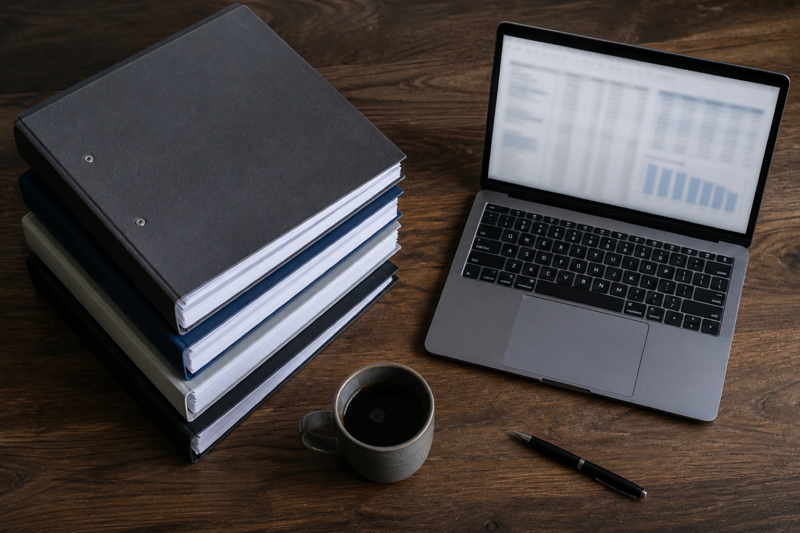 Quarterly reports on a desk for calculating LTM EBITDA from trailing quarters