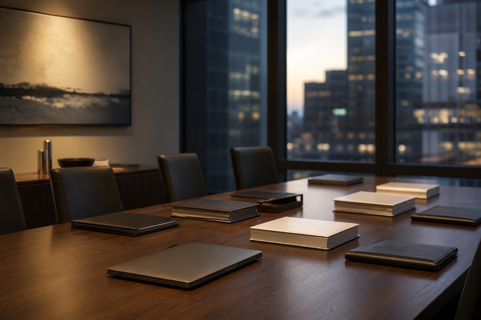 Conference room at a boutique M&A advisory firm prepared for a client meeting