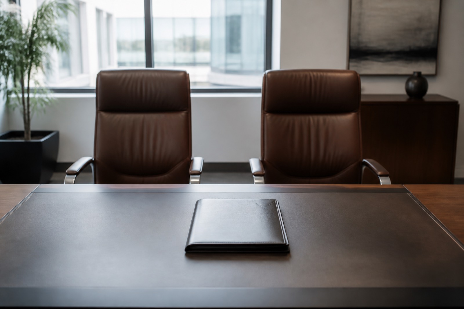 Two empty chairs facing a desk for comparing M&A advisors