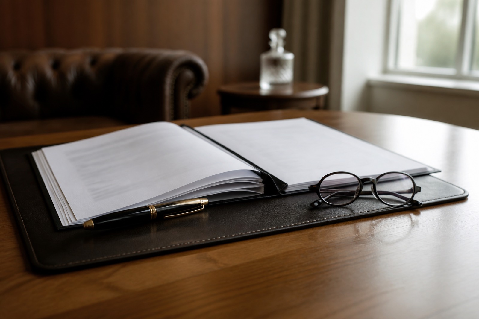Folder of papers and reading glasses for vetting an M&A advisor