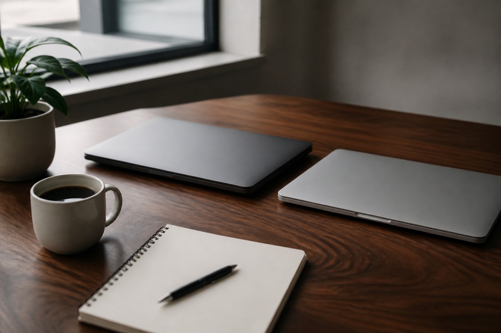 Two laptops and a notebook on a desk for comparing CRM tools
