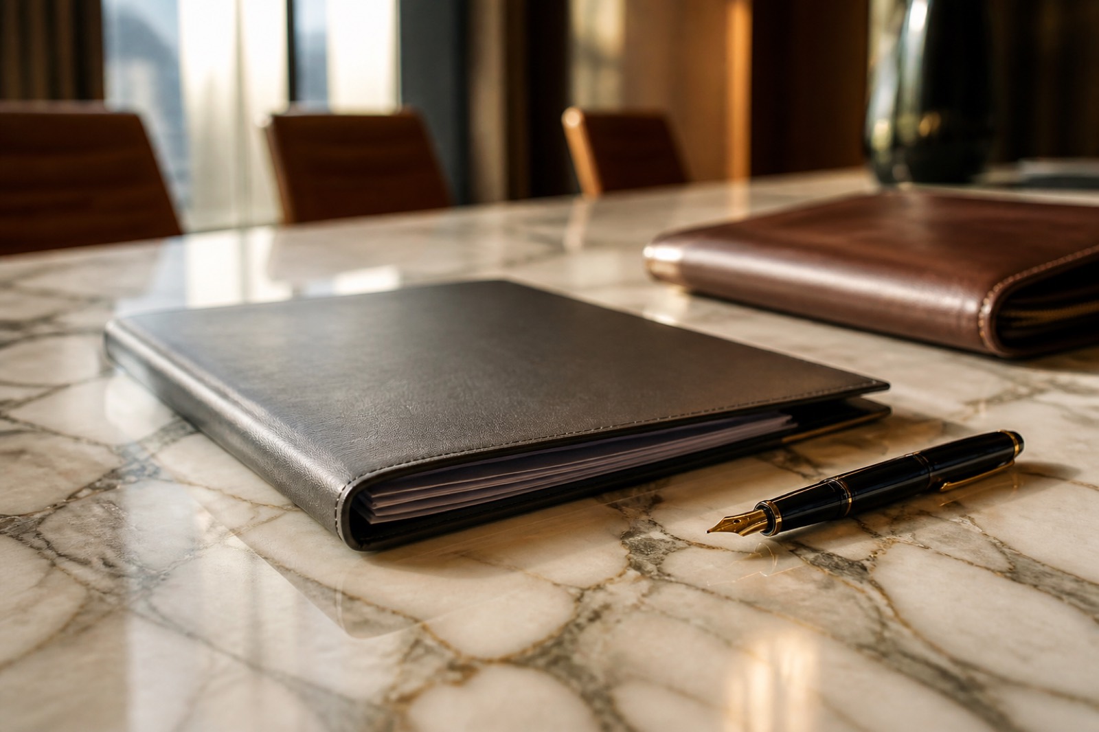 Engagement folder on a marble table showing fee structures behind M&A league tables