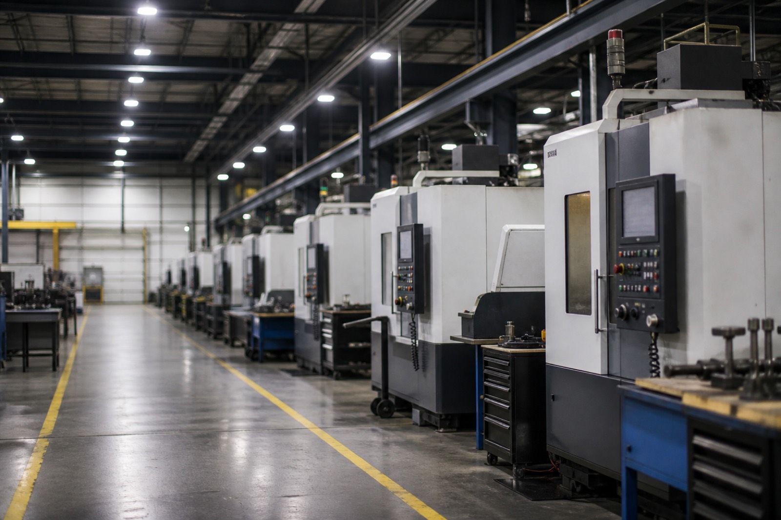 Factory floor with rows of CNC machines under high bay lights