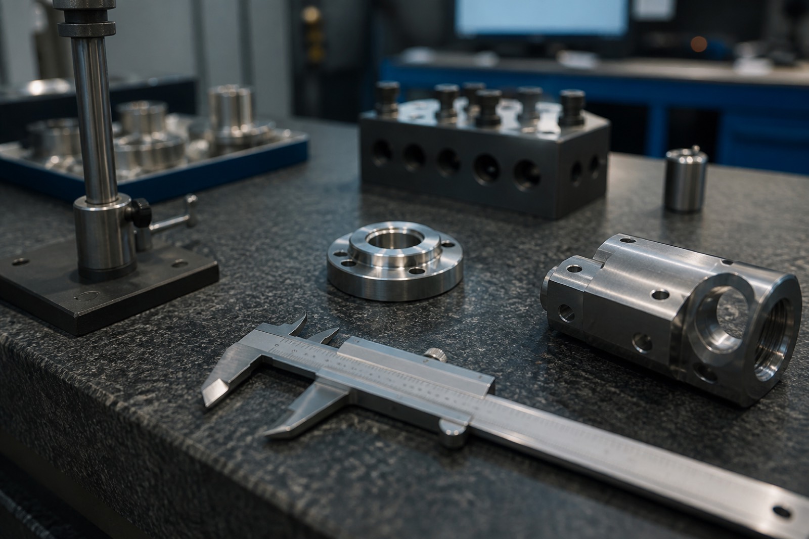 Quality inspection bench with calipers and machined metal parts