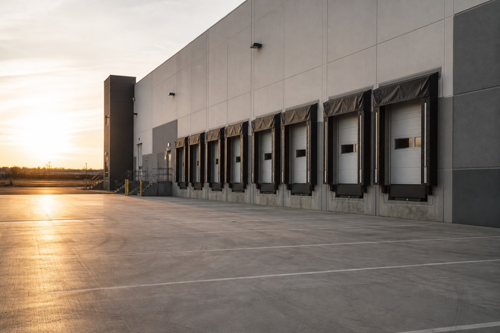 Manufacturing building with loading docks and a concrete lot at sunrise