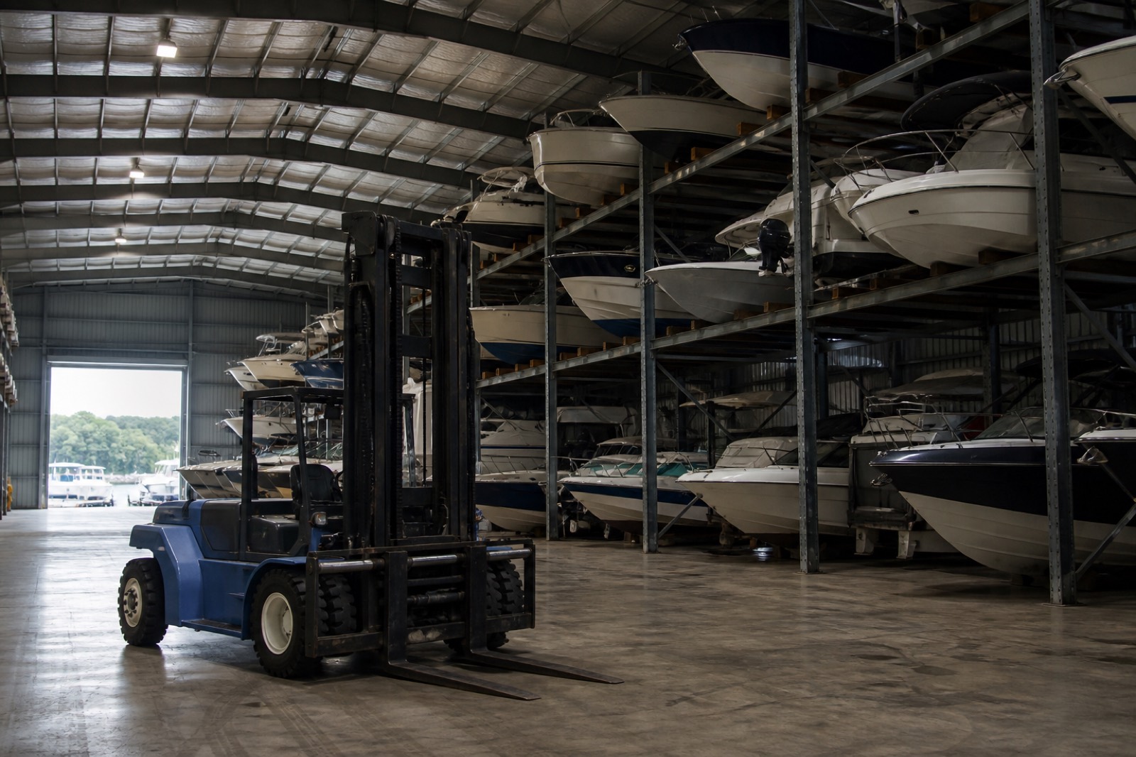 Dry stack boat storage building with boats on steel racks