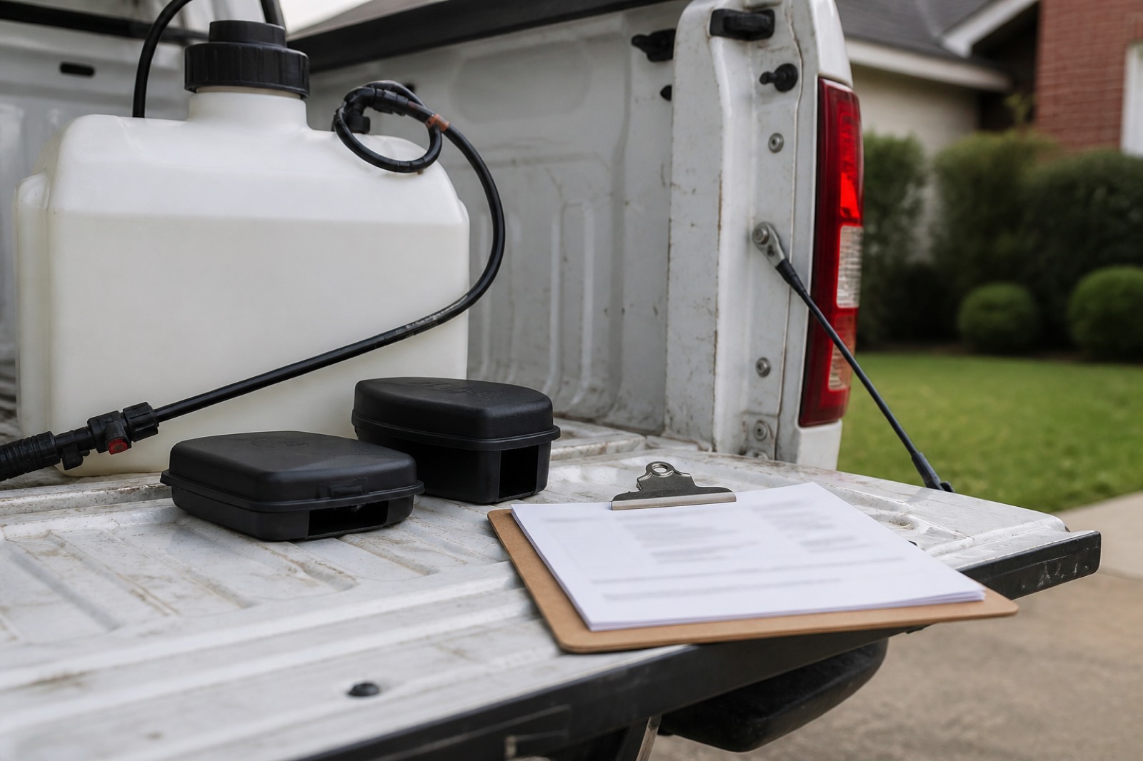 Pest control service equipment on a truck tailgate, typical of pest control businesses for sale