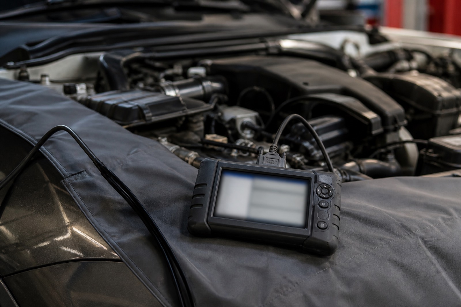 Diagnostic tool on an engine bay, a sub-vertical detail in mechanic shop valuation