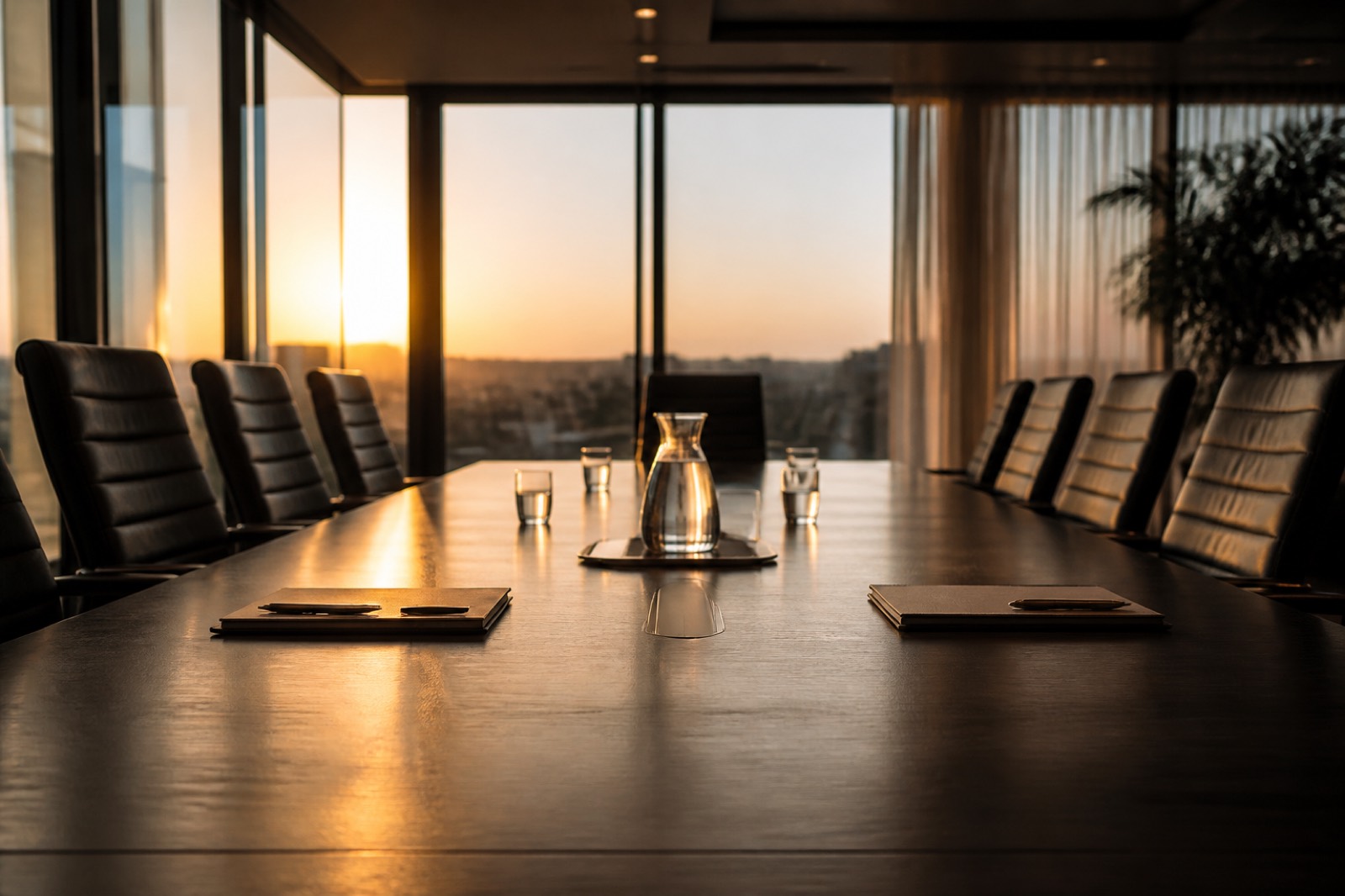 Boardroom table set for founders and buyers to negotiate deal structure