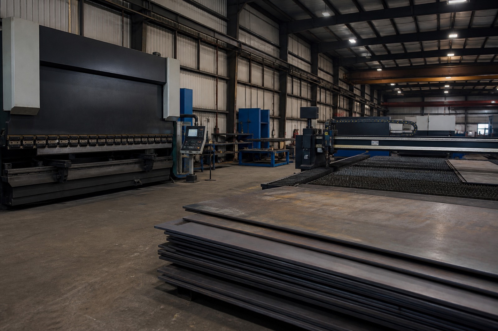 Press brake and plasma table in a shop, linked to metal fabrication equipment value