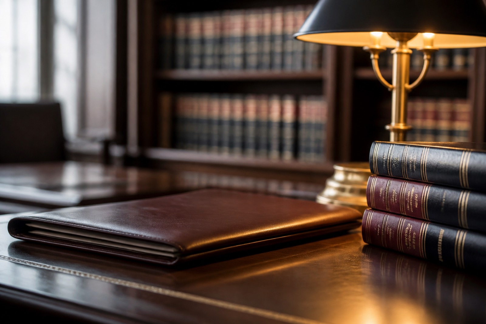 Law office desk with statute books, part of M&A advisory services in Nashua