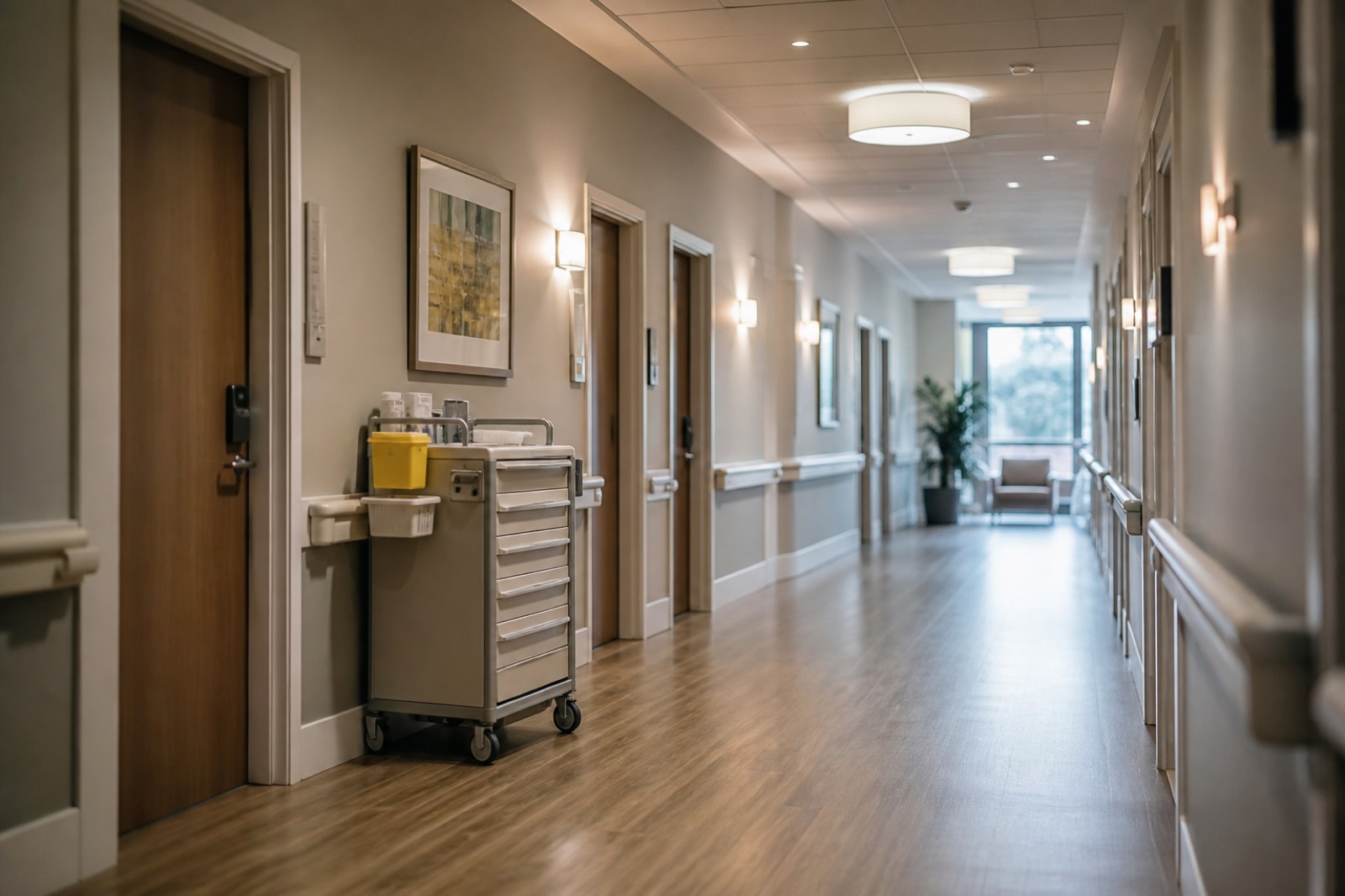 Skilled nursing hallway with medication cart, priced per bed in nursing home valuation