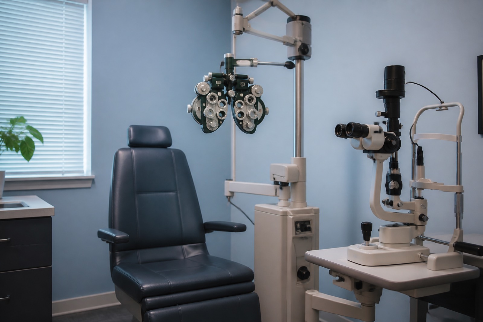 Optometry exam room with a phoropter, exam chair and slit lamp
