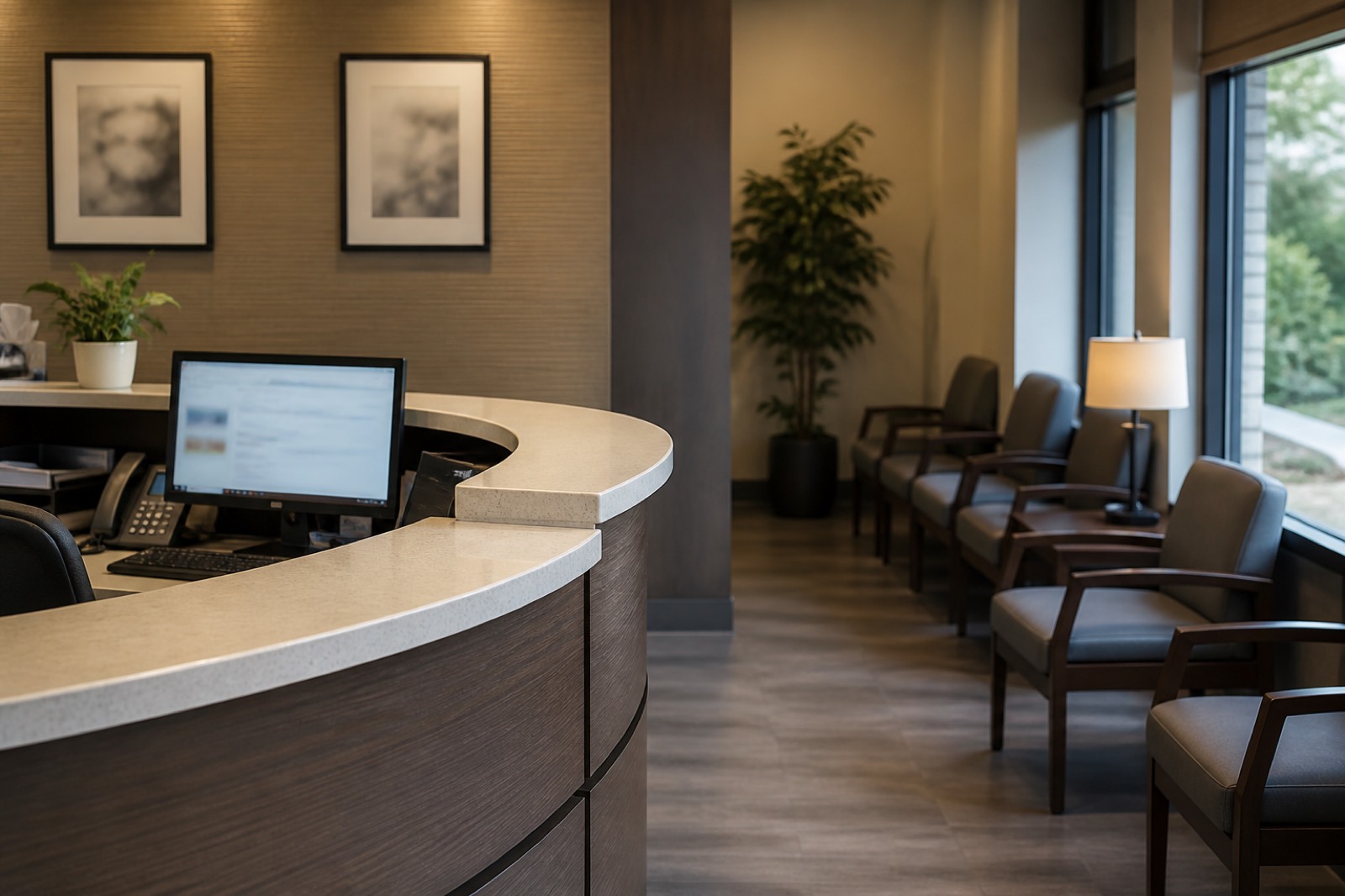 Front desk and waiting area of an optometry practice
