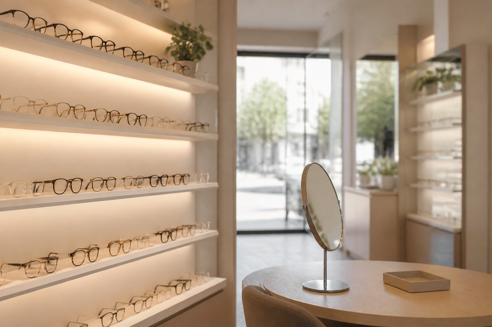 Eyeglass frames displayed on lit shelves in an optometry practice