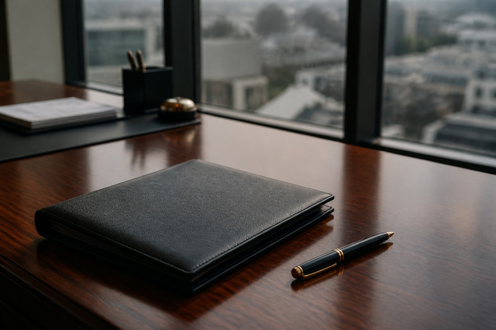 Fee agreement on a desk in a high floor office for New York M&A advisor services