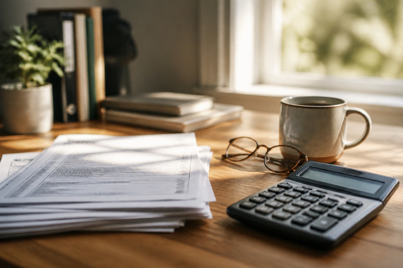 Desk with tax paperwork and calculator for planning a California business sale