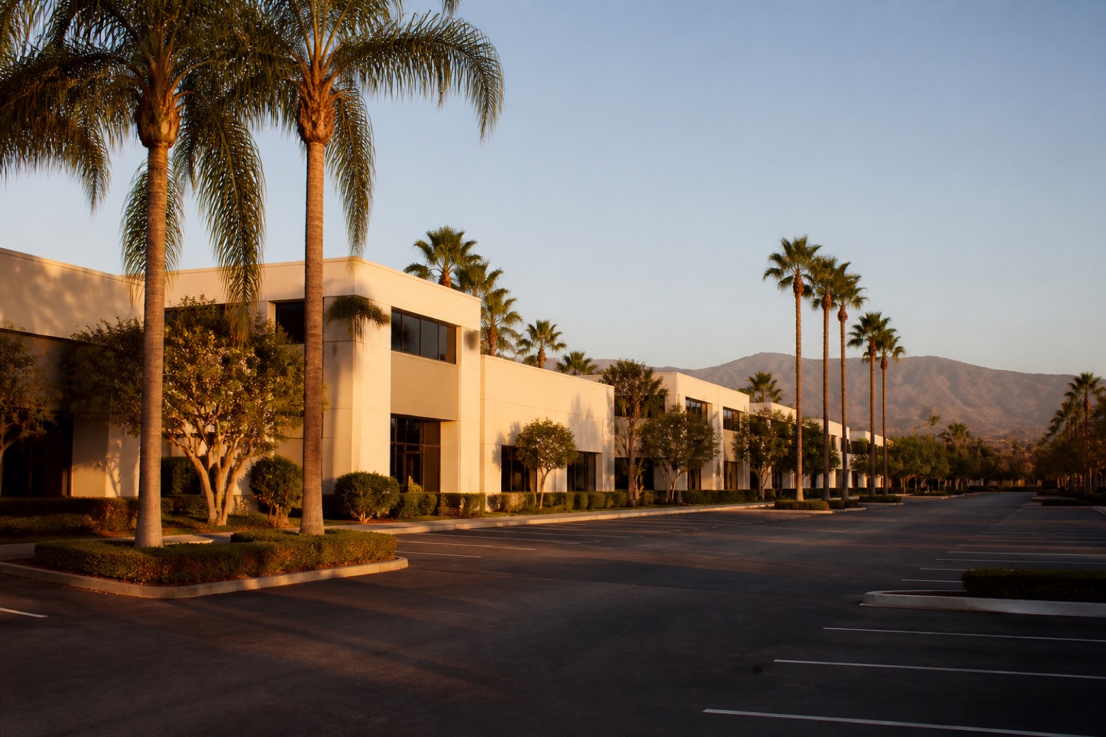 Southern California office park with palm trees where Orange County business brokers operate
