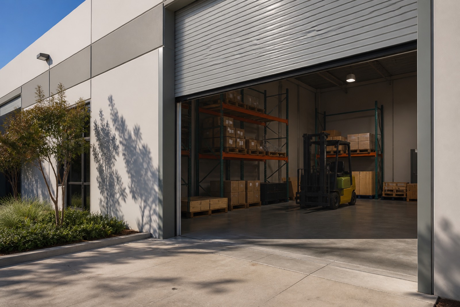 Light industrial warehouse unit with open roll up door and forklift