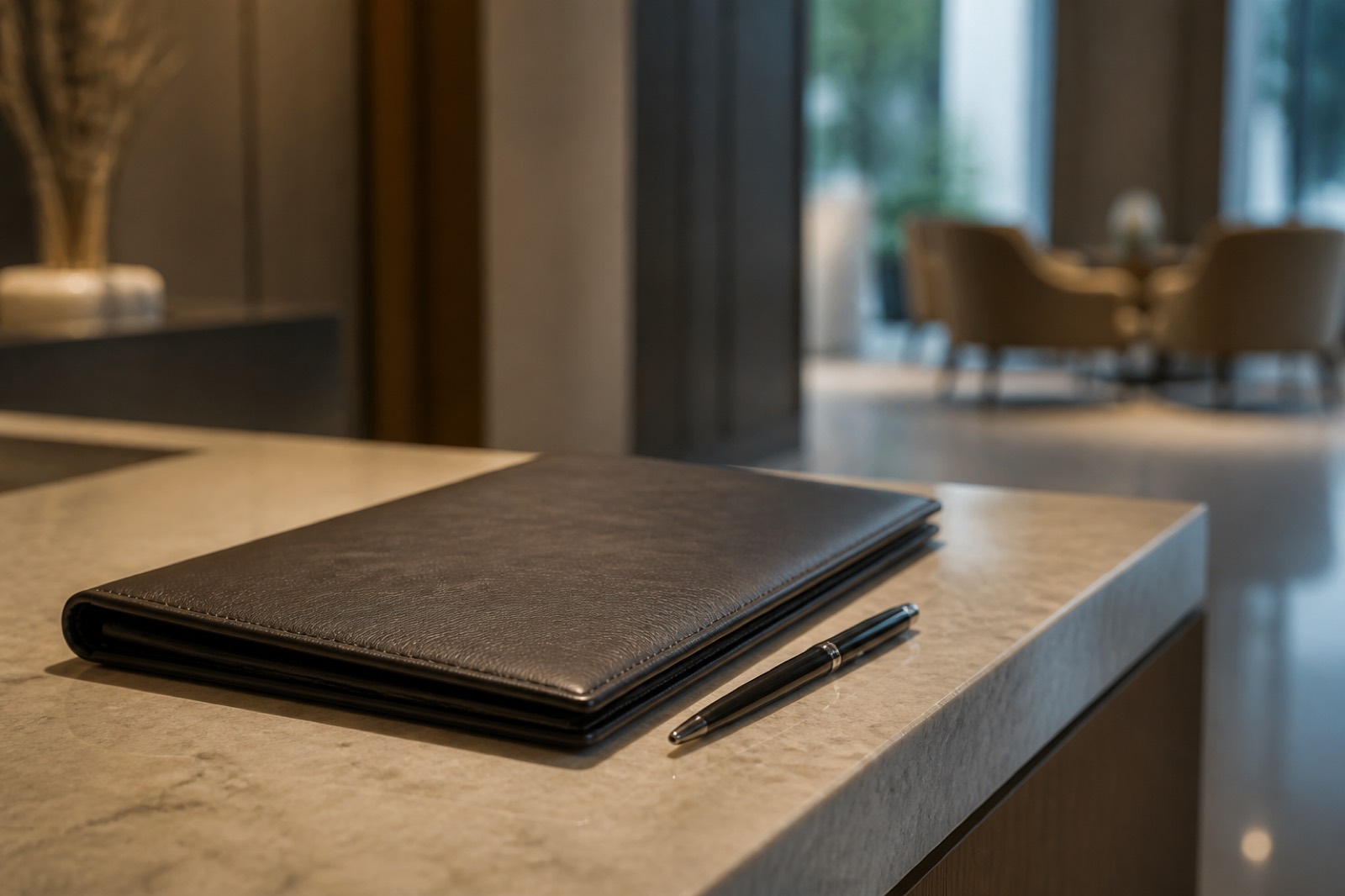 Leather portfolio in a lobby where a private equity analyst interviews