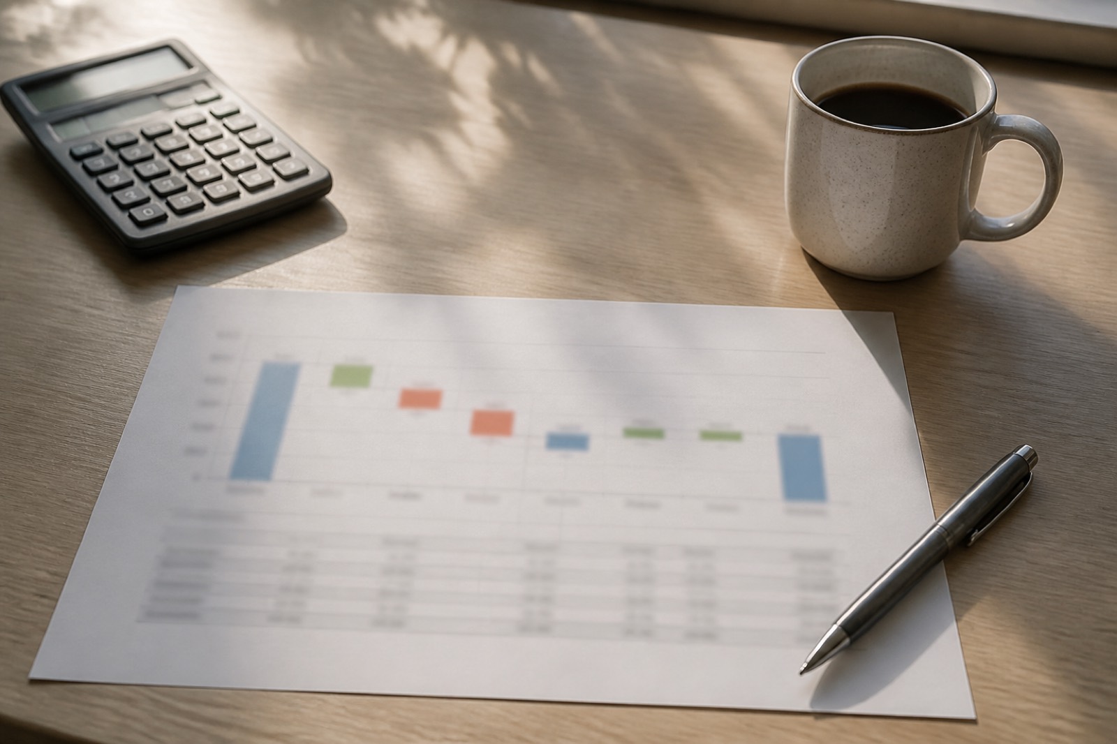 Desk with blurred charts showing multiple arbitrage in a private equity roll up strategy