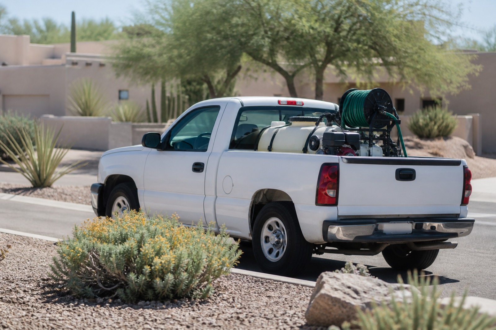 Pest control truck on a desert street, a pest control business for sale in Arizona