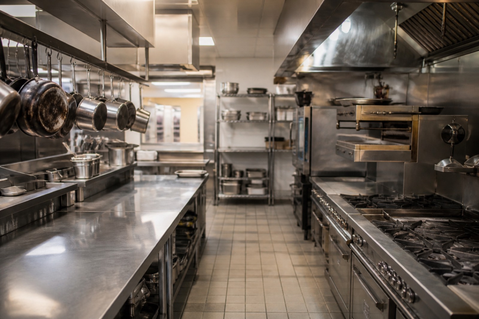 Commercial restaurant kitchen line with stainless prep tables and range