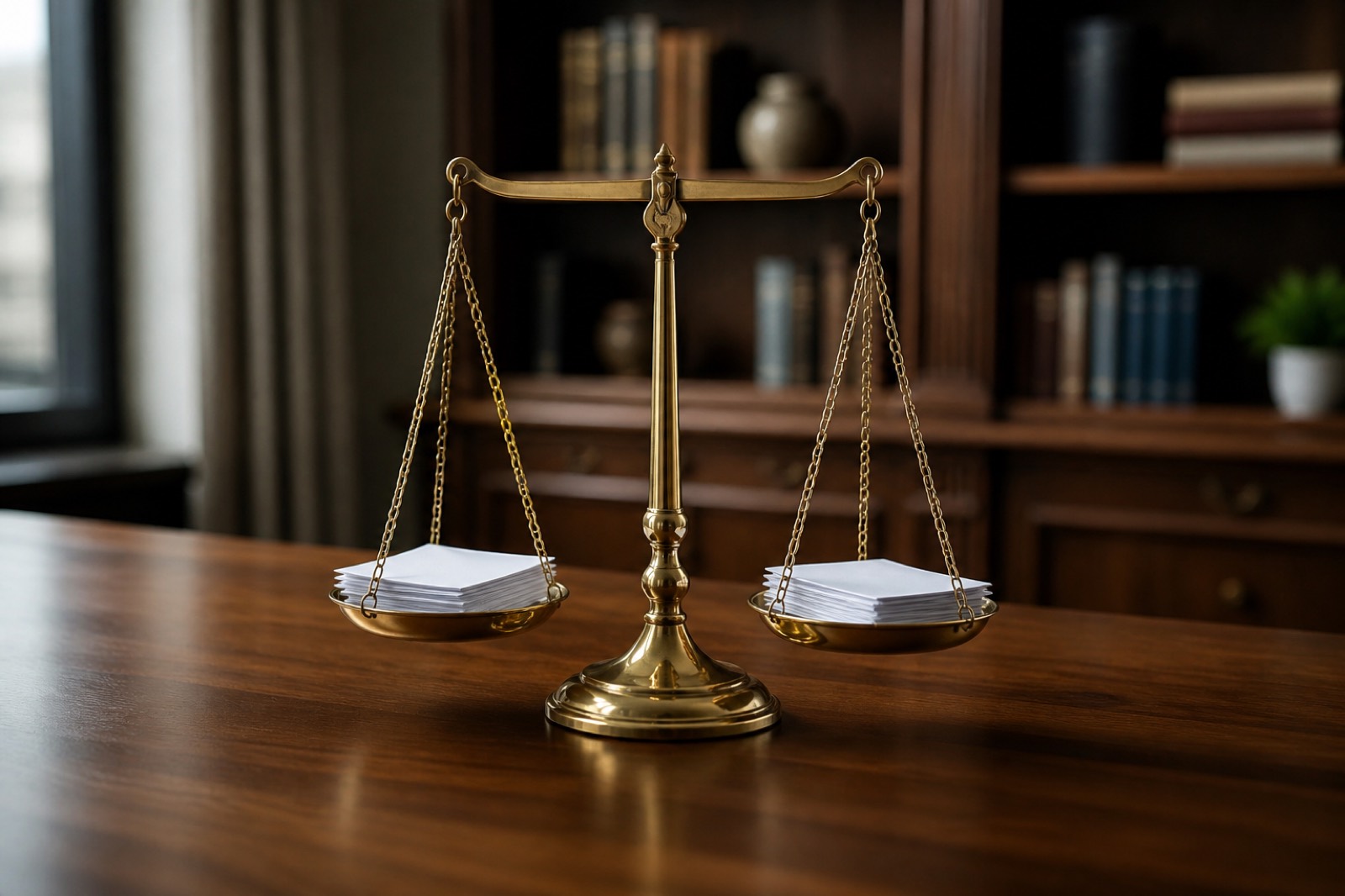 Brass balance scale on a desk weighing two valuation approaches
