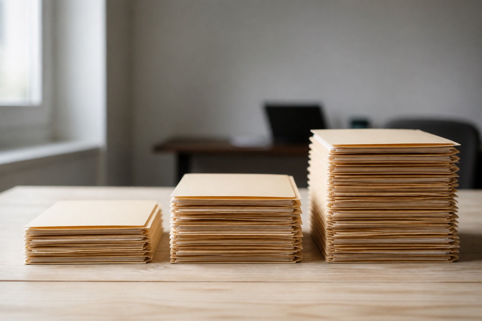 Three stacks of file folders representing companies sorted by revenue size