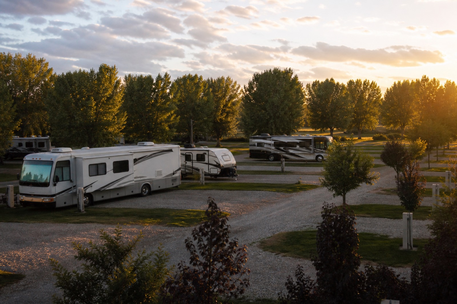 RV park with gravel pull through sites and shade trees at sunset