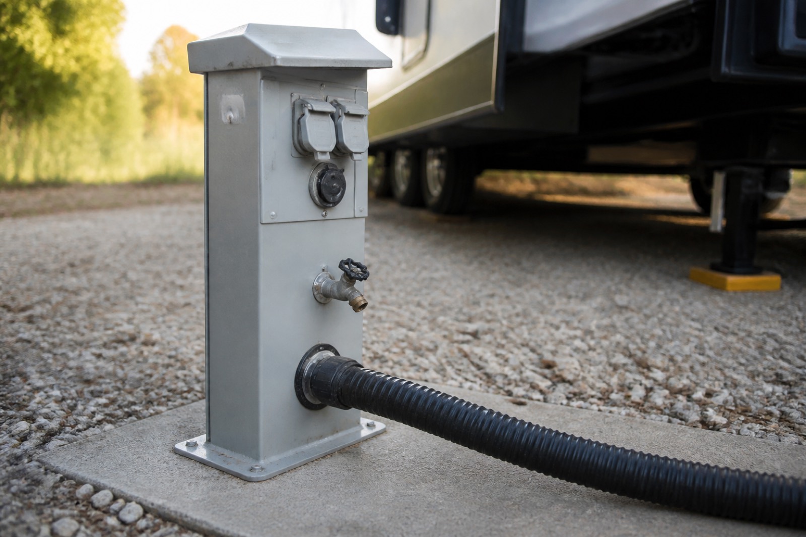 RV park utility pedestal with power, water and sewer hookups